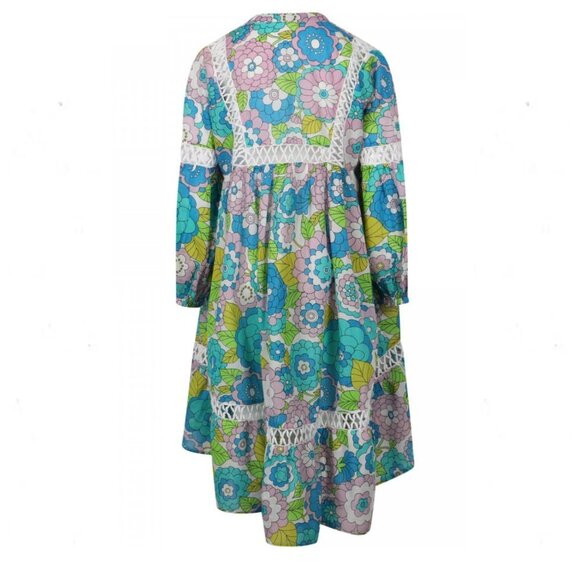 Dodo Bar Or Green Floral Retro Long Sleeve Girl's Cinch Waist Casual Dress - Picture 2 of 11